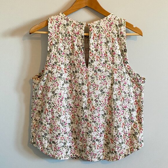 Linen Blend Pink Floral Print Tank Top Blouse with Lace Crochet, Button Keyhole - Picture 9 of 14